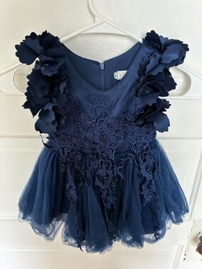 Navy Floral Appliqué Tulle Party Dress for Girls